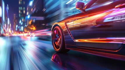 Fototapeta premium A fast red sports car races through a brightly lit city street at night