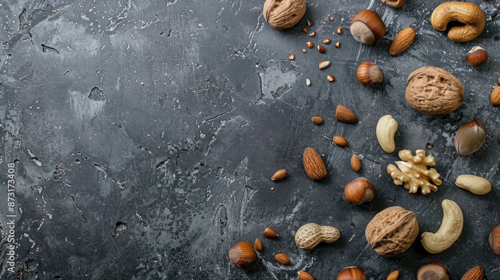 Poster different nuts on stone surface seen from above with empty area