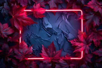 Abstract dark purple and navy blue leaves illuminated by neon pink frame light, creating a surreal and modern aesthetic.