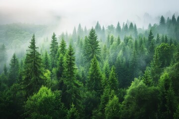 Magazine landscape photo of a beautiful, lush pine forest on a natural green gradient background