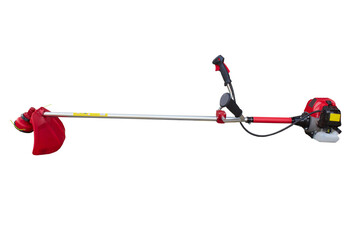 brush cutter on a white background, new red brush cutter for cutting grass and weeds