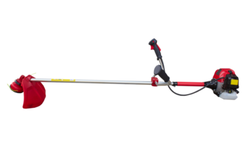 brush cutter on a white background, new red brush cutter for cutting grass and weeds