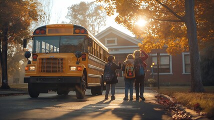 Happy Kids Boarding School Bus on a Bright Autumn Morning