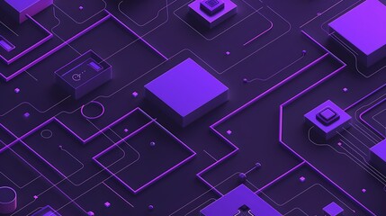 Abstract 3D rendering of a circuit board with glowing purple lines and geometric shapes.