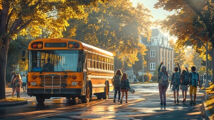 Obraz premium Happy Kids Boarding School Bus on Sunny Morning
