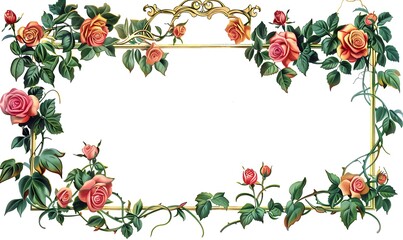 Ornate Gold Frame Adorned with Vibrant Roses and Ivy, Isolated on Transparent Background