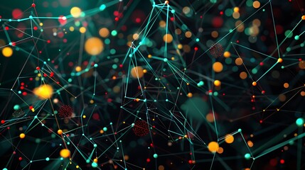 Digital matrix with turquoise lines and colorful nodes on a black background, minimal and vibrant