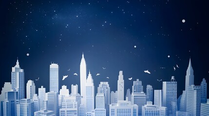 Stunning Cityscape Skyline Under Starry Night Sky With Illuminated Skyscrapers and Buildings