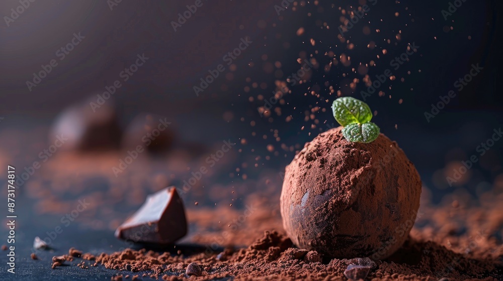 Poster chocolate truffle dusted with cocoa under soft light on dark background