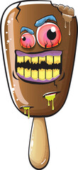 Vector Zombie chocolate ice cream with brain and red eyes isolated on transparent white background. Halloween chocolate monster ice cream zombie character. Monster ice cream