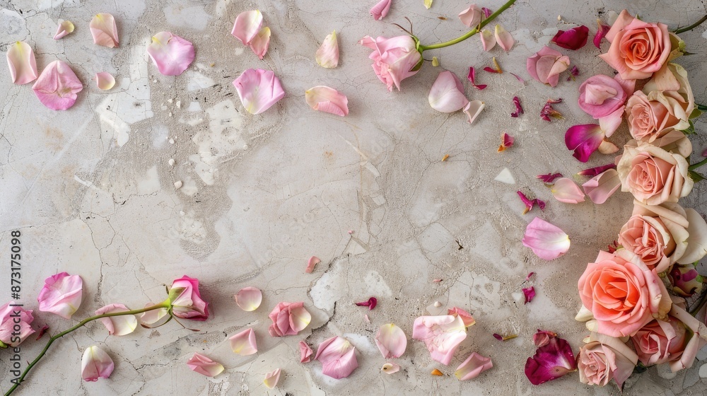 Poster arrangement of flowers with rose petals on a flat surface viewed from above with space for text in a