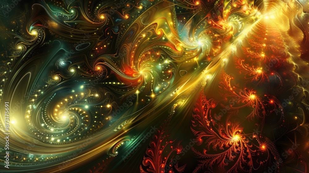 Poster an abstract background with complex, fractal patterns and bright highlights.
