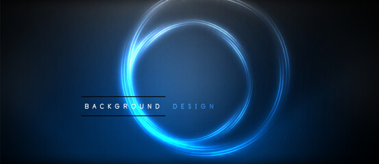 Neon glowing circle rays, light round lines in the dark, planet style neon wave lines. Energetic electric concept design for wallpaper, banner, background