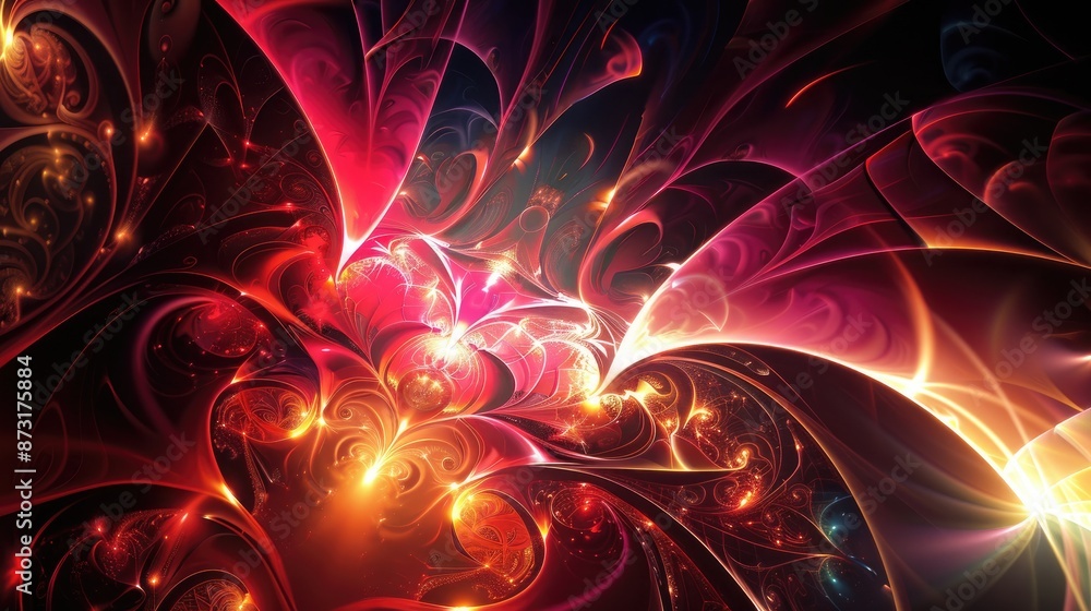 Poster an abstract background with complex, fractal patterns and bright highlights.