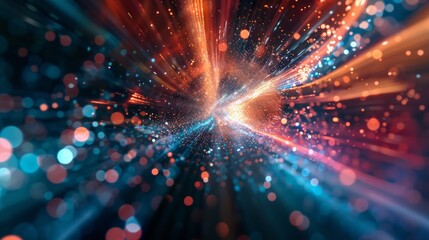 Obraz premium Vibrant light streaks meet in far galaxy, with stars and bokeh