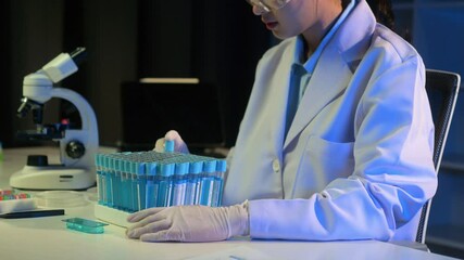 Scientist conducting experiments and analyzing samples in a laboratory with test tubes, microscope, and lab tools. Ideal for science, research, and medical projects