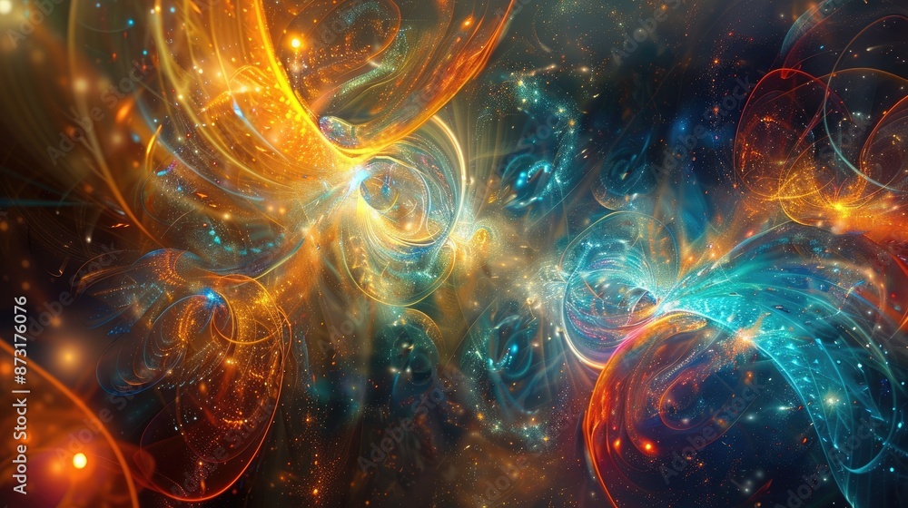 Poster an abstract background with complex, fractal patterns and bright highlights.