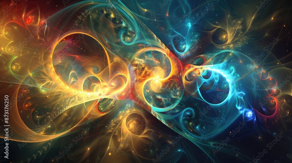 Poster an abstract background with complex fractal patterns and bright highlights.