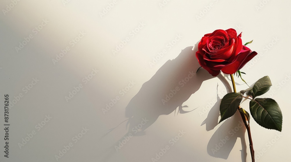 Poster red rose on white surface with empty space on right side of image