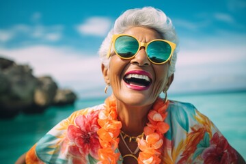 Portrait of a joyful indian woman in her 80s wearing a trendy sunglasses while standing against tranquil coral reef background