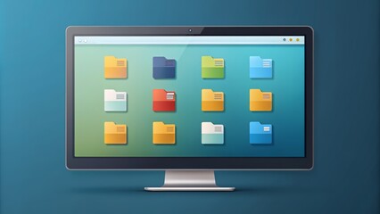 Simple flat illustration of assorted file format icons, folders, and documents organized on a minimalist desktop interface window background.
