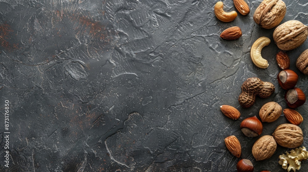 Poster different nuts on stone surface seen from above with empty area