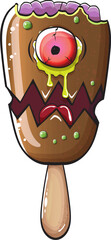 Vector Zombie chocolate ice cream with brain and red eyes isolated on transparent white background. Halloween chocolate monster ice cream zombie character. Monster ice cream