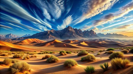 Breathtakingly realistic digital artwork depicting arid dunes, sparse vegetation, and majestic mountains under a vivid blue sky with wispy clouds.