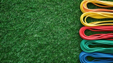 Colorful elastic fitness bands on grass for outdoor workouts Top view with space for text