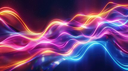 An abstract background with dynamic, flowing lines and bright neon colors.