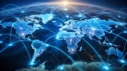 Global digital network illustration with glowing blue lines connecting major cities on a darkened world map with swirling data circles.