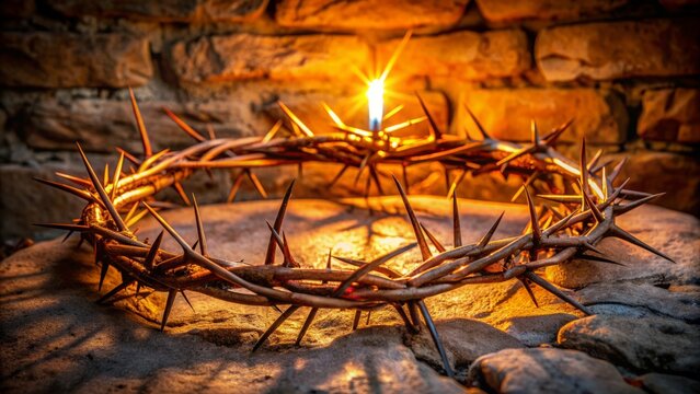 A hauntingly illuminated crown of thorns rests upon a rugged, worn stone wall, symbolizing Jesus' profound sacrifice and unwavering faith.
