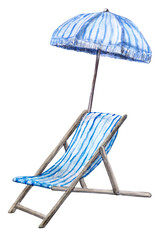 A watercolor illustration of a blue striped deck chair and umbrella. Hand-painted outdoor beach furniture. Isolated elements. PNG clipart.