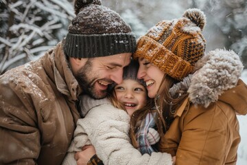 Obraz premium A loving family embraces in the snow, wearing warm winter clothes and knit hats. Their joy is evident as snowflakes fall around them.