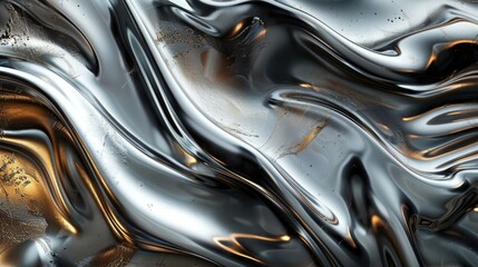 An abstract background with flowing, liquid metal textures in silver and gold.
