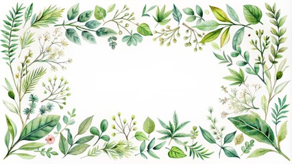 Delicate, hand-painted watercolor leaves and herbs form a whimsical border frame on a crisp white background, perfect for stationery design.