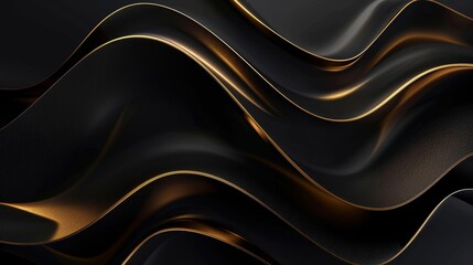 Obraz premium Black background, golden lines in the shape of waves, simple and elegant style, dark gold and black color scheme, highend texture, flowing curves, linear perspective composition, delicate details, lig