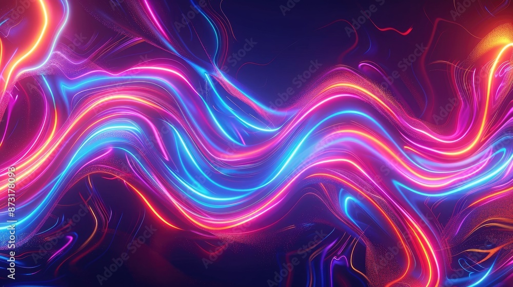 Poster an abstract background with flowing neon light trails on a dark backdrop.