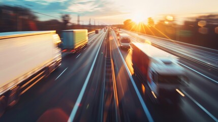 Semi-trucks race down a multi-lane highway at sunset, with the sun glowing behind them