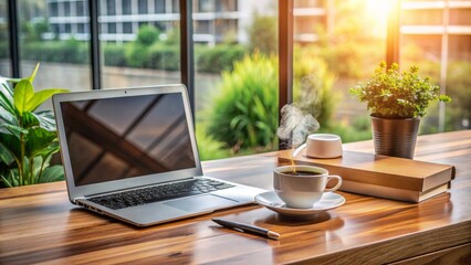 Modern wooden office desk table with open laptop, steaming cup of coffee, scattered office supplies, and ample copy space.