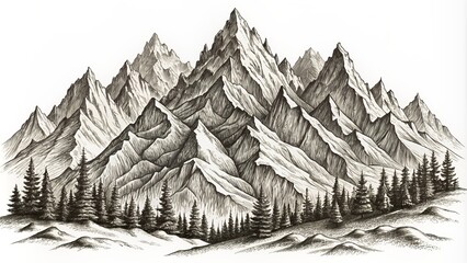 Fototapeta premium Stunning hand-drawn sketch of majestic rocky mountain peaks on white background featuring intricate vector landscape illustration in striking black lines.