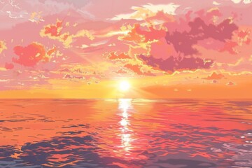 A breathtaking sunset painting the sky in hues of orange and pink, reflecting off the calm ocean waters. 