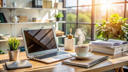 Modern, organized workspace featuring a laptop, steaming cup of coffee, papers, and office supplies on a clean, clutter-free surface.