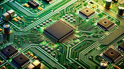 Microscopic integrated circuitry patterns on green motherboard background with wires, capacitors, and microchips, showcasing advanced computer hardware technology components.