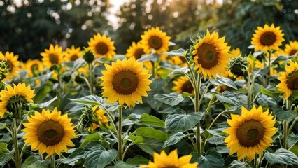 a bunch of yellow sunflowers with green leaves