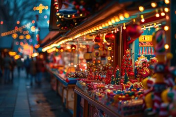 A bustling market filled with colorful stalls and twinkling lights, surrounded by joyful atmosphere. The scent of festive treats and drinks wafts through the air.