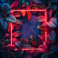 Neon frame surrounded by vibrant red and green leaves, creating a captivating and mystical atmosphere.