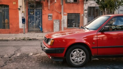 a red car parked on the side of a road