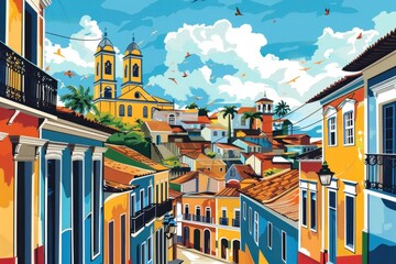Colorful Illustration of Historic Houses in Pelourinho, Salvador

