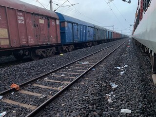 Obraz premium Transport cargo logistics train on the railway track